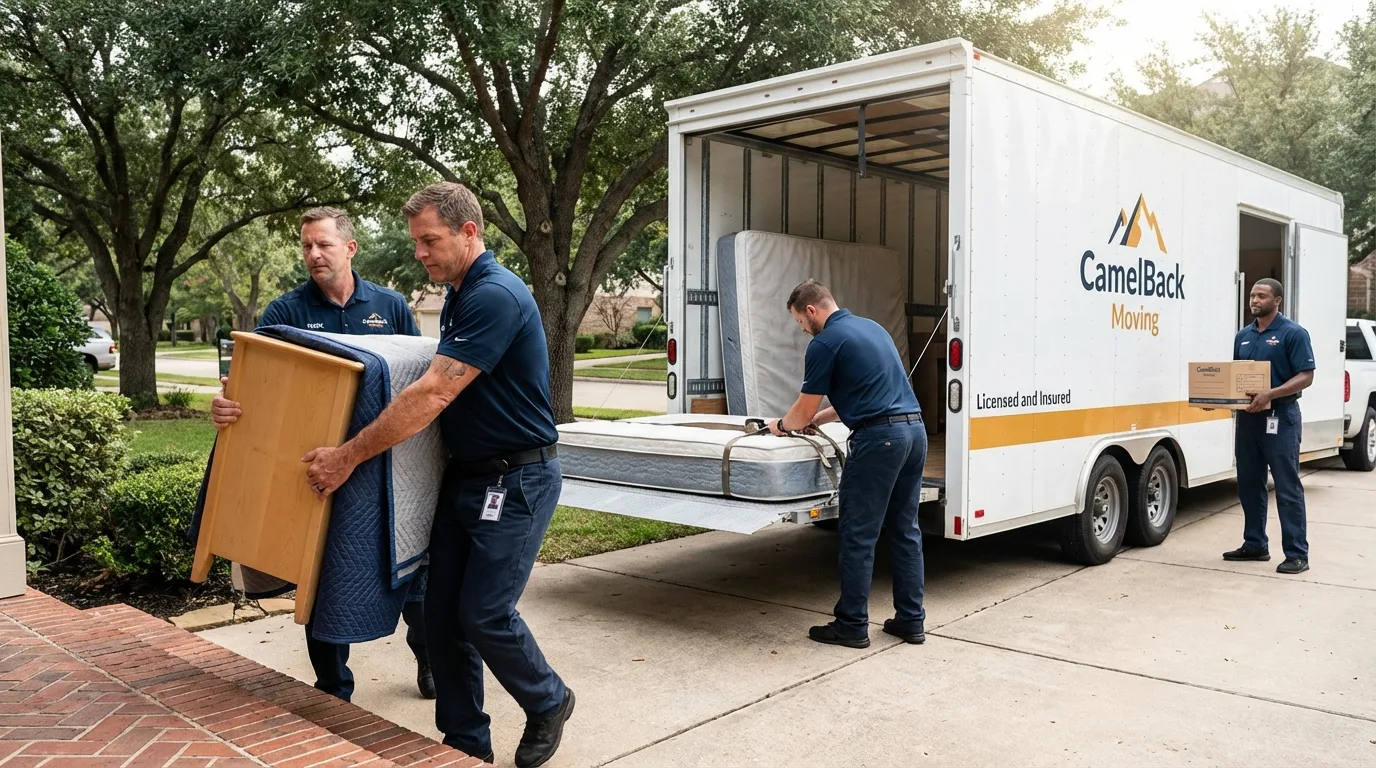 Crew loading residential truck for cross-state move from Del Rio, TX