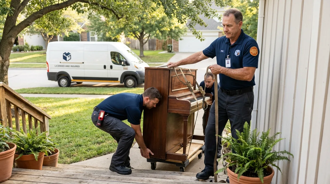 Licensed piano movers securing grand piano in Del Rio, TX
