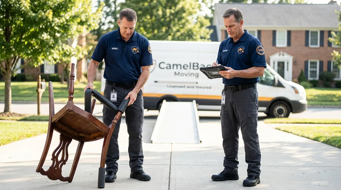 Movers inspecting furniture for damage prevention before loading in Del Rio, TX